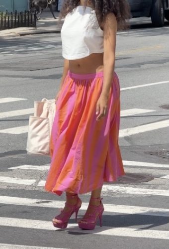 hot pink pinstriped skirt