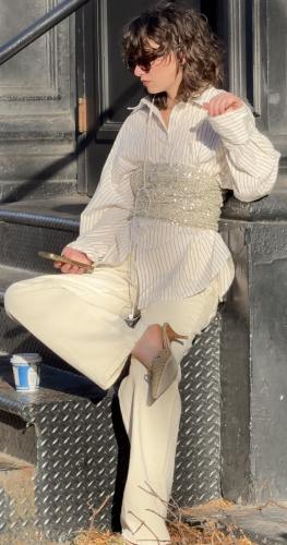 mini tube top over a striped button-down