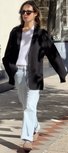 light wash jeans with a classic white tee and a black knit blazer