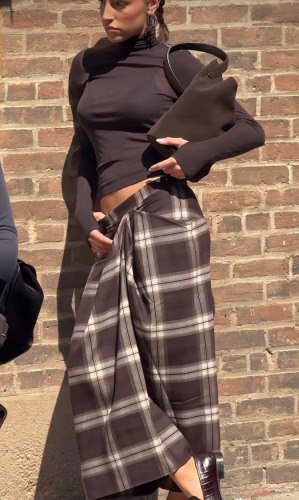 plaid maxi skirt with a sheer brown turtleneck